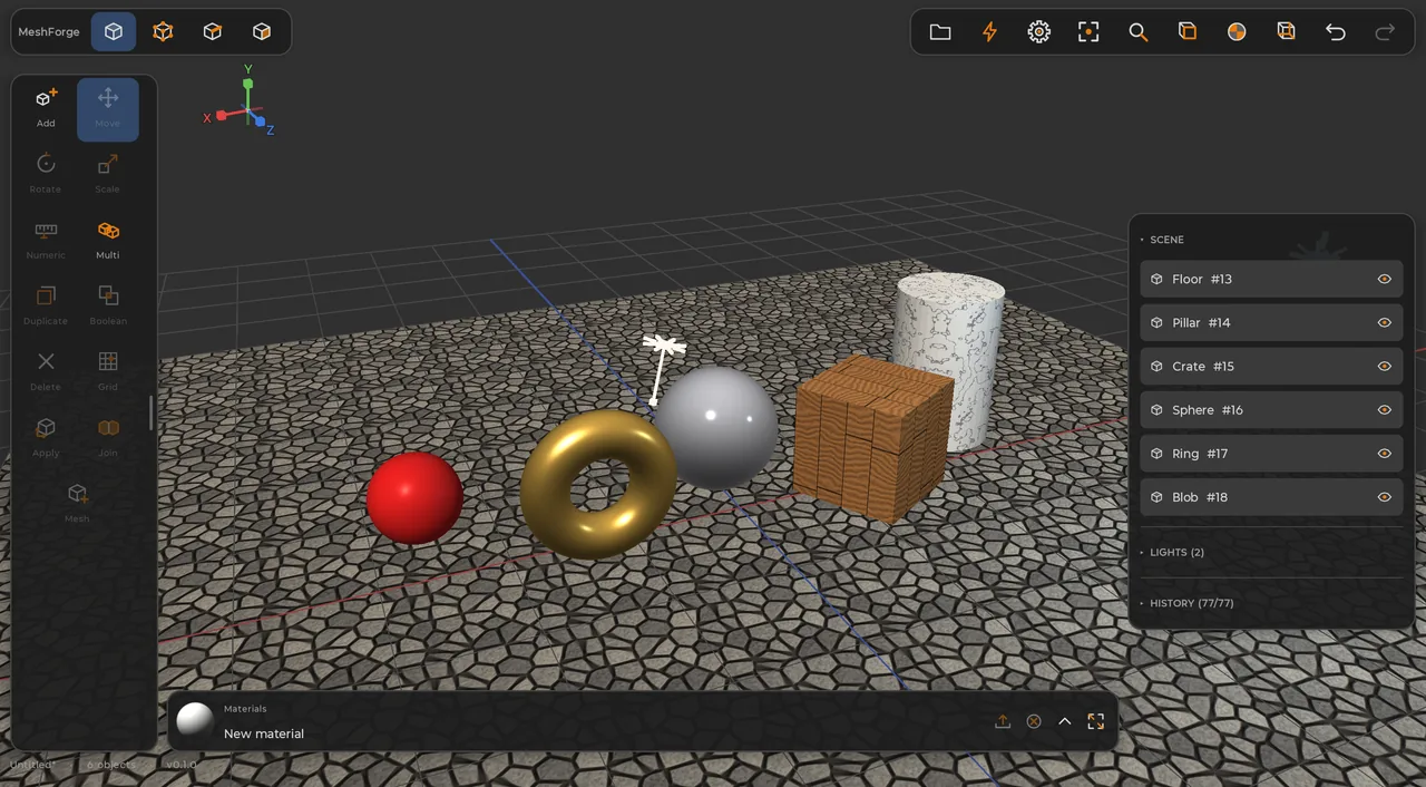 3D modeler on an Android tablet showing a textured scene with PBR materials and lights