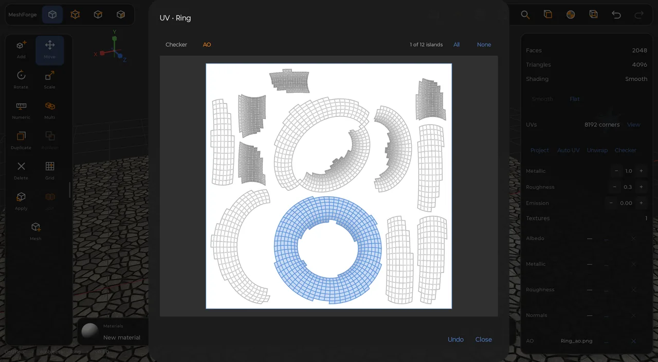 2D UV viewer with UV islands laid over a texture