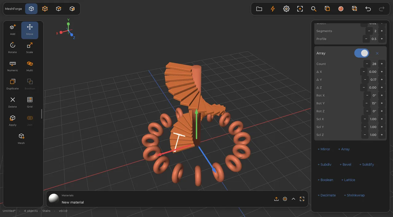 Array modifier building a ring of copies in the modifier stack