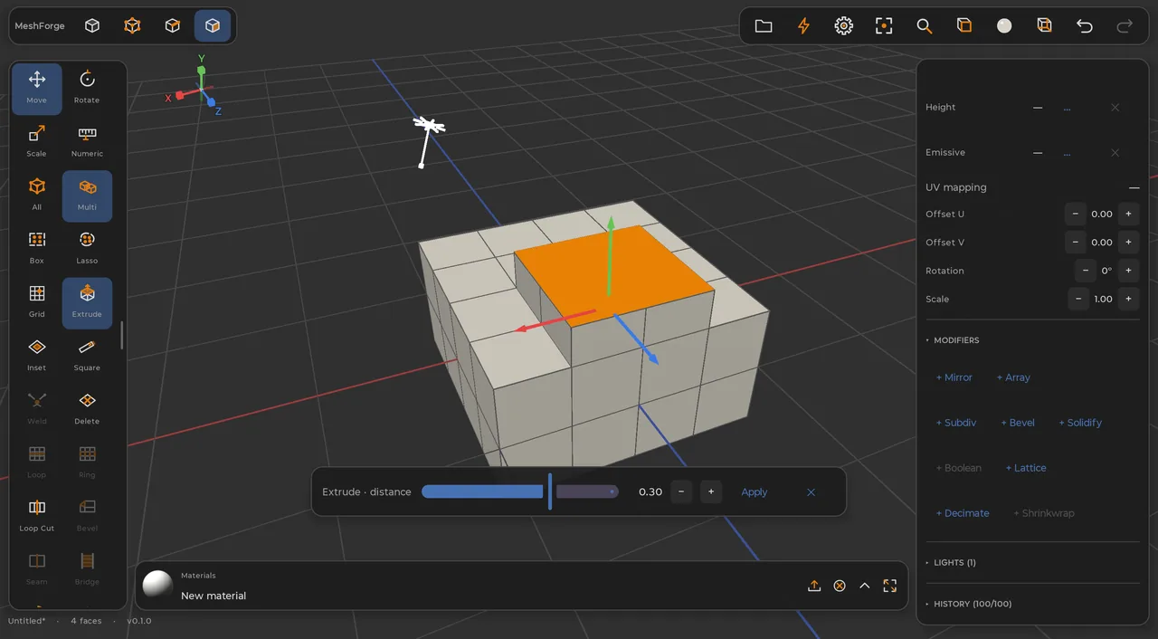 Edit mode extruding faces of a polygon mesh