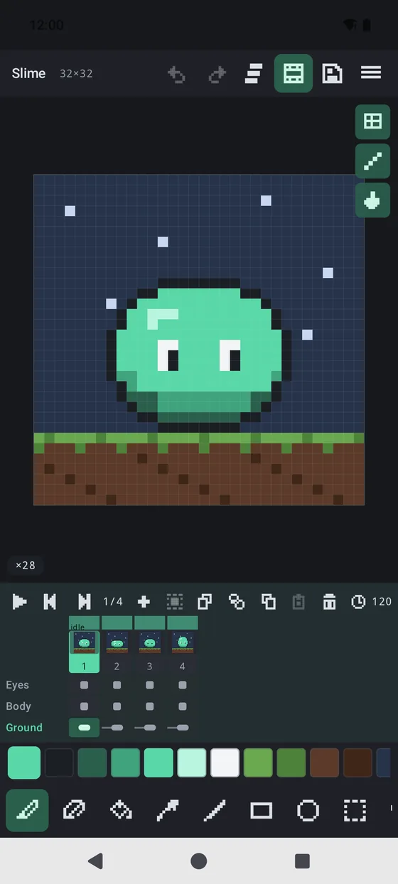 Pixel art editor on an Android phone with an animated slime sprite and timeline