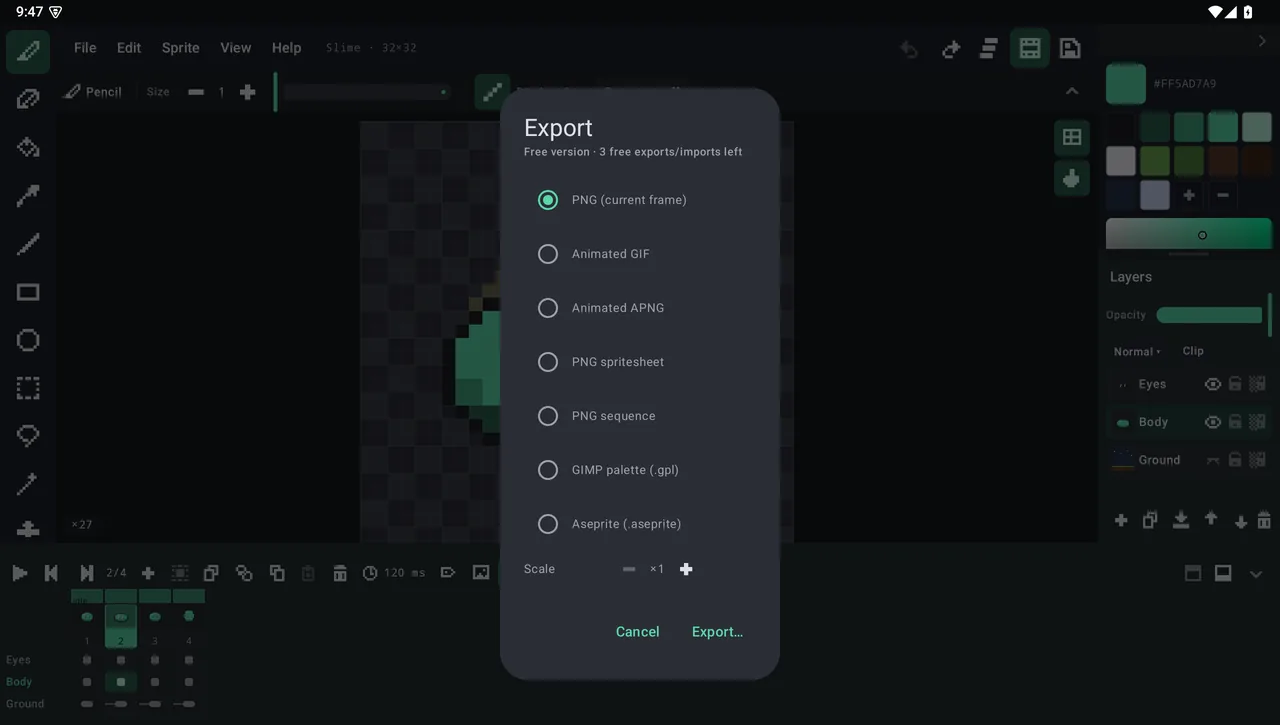 Export dialog with PNG, GIF, APNG, spritesheet and Aseprite options
