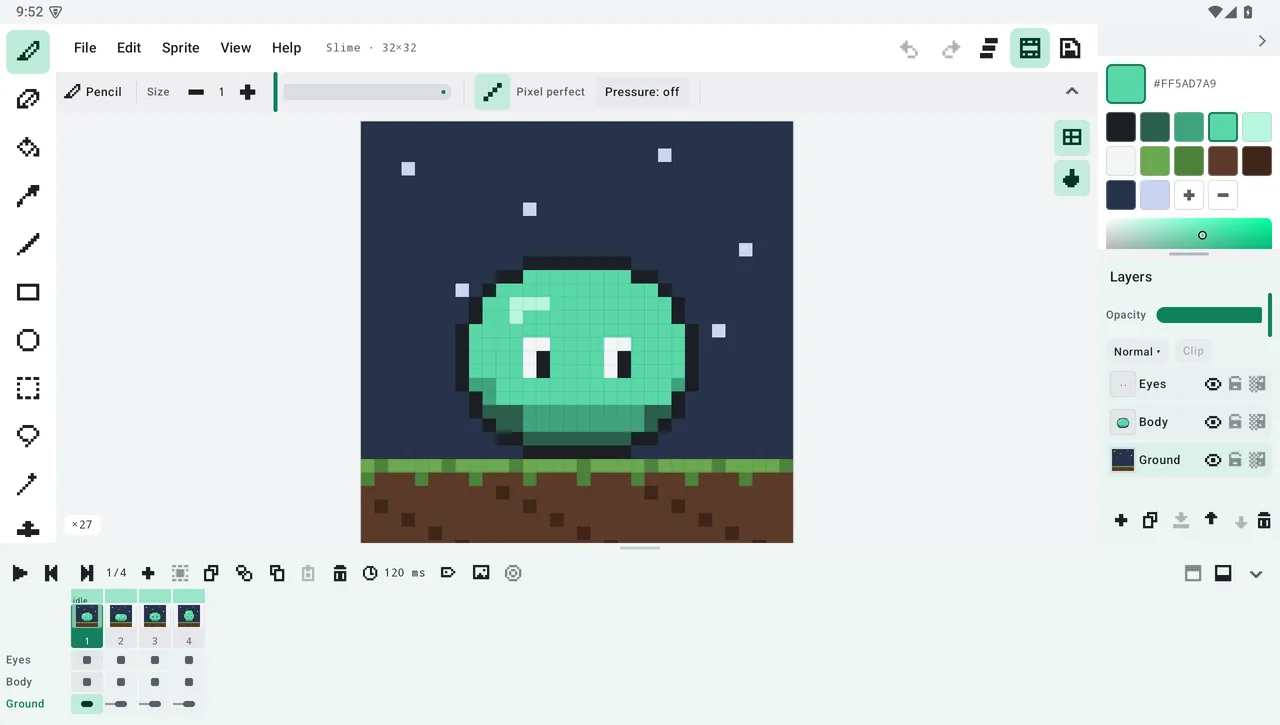 Light theme of the pixel art editor on a tablet